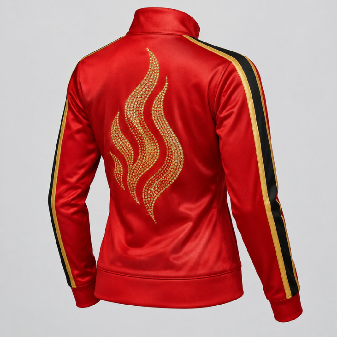 Inferno warm-up jacket with gold rhinestone flame