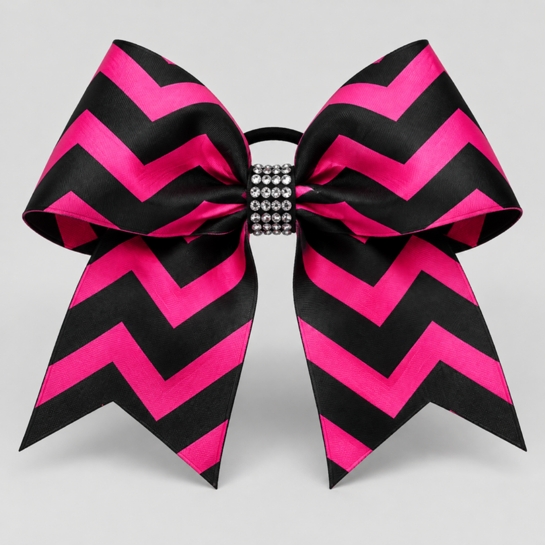 Midnight Star cheer bow - black and pink chevron with rhinestone center