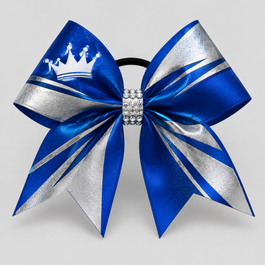 Royal Ice cheer bow - royal blue and silver with crown