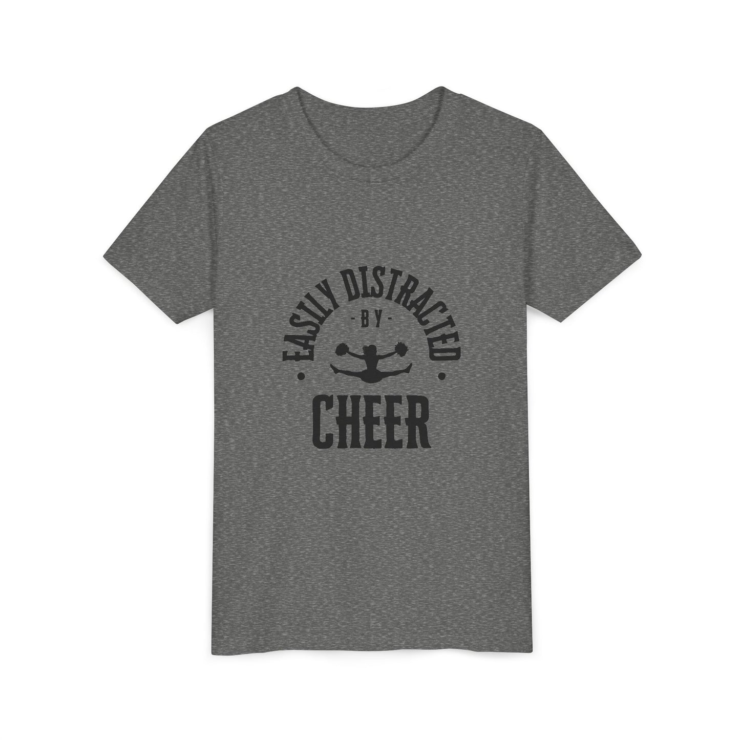 Easily Distracted By Cheer Youth T-Shirt | Funny Kids Cheer Gift | Girls Cheerleading Tee