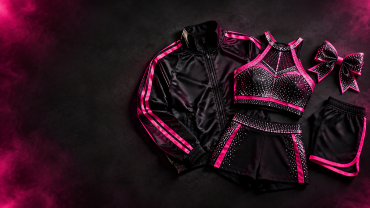 Custom cheer team gear - jacket, uniform, bow and practice wear