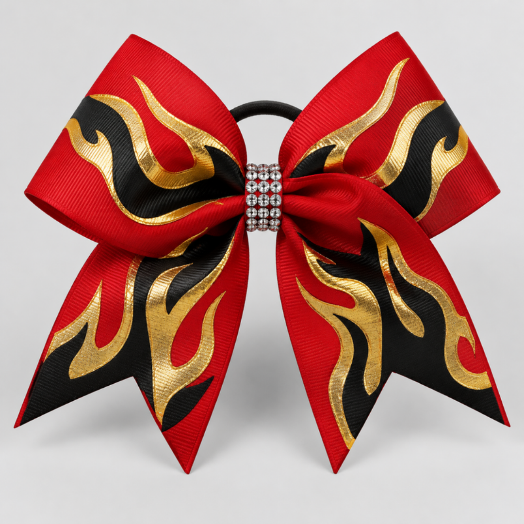 Inferno cheer bow - red, black and gold flames
