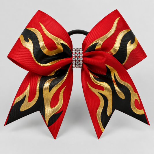 Inferno cheer bow - red, black and gold flames
