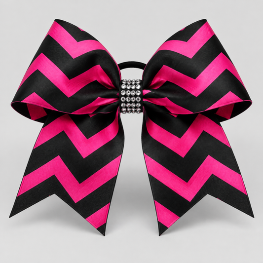 Midnight Star cheer bow - black and pink chevron with rhinestone center