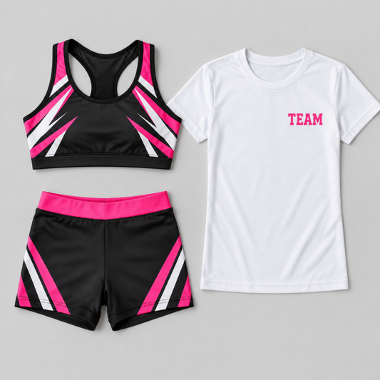 Midnight Star practice wear pack - black and pink sports bra, shorts and tee