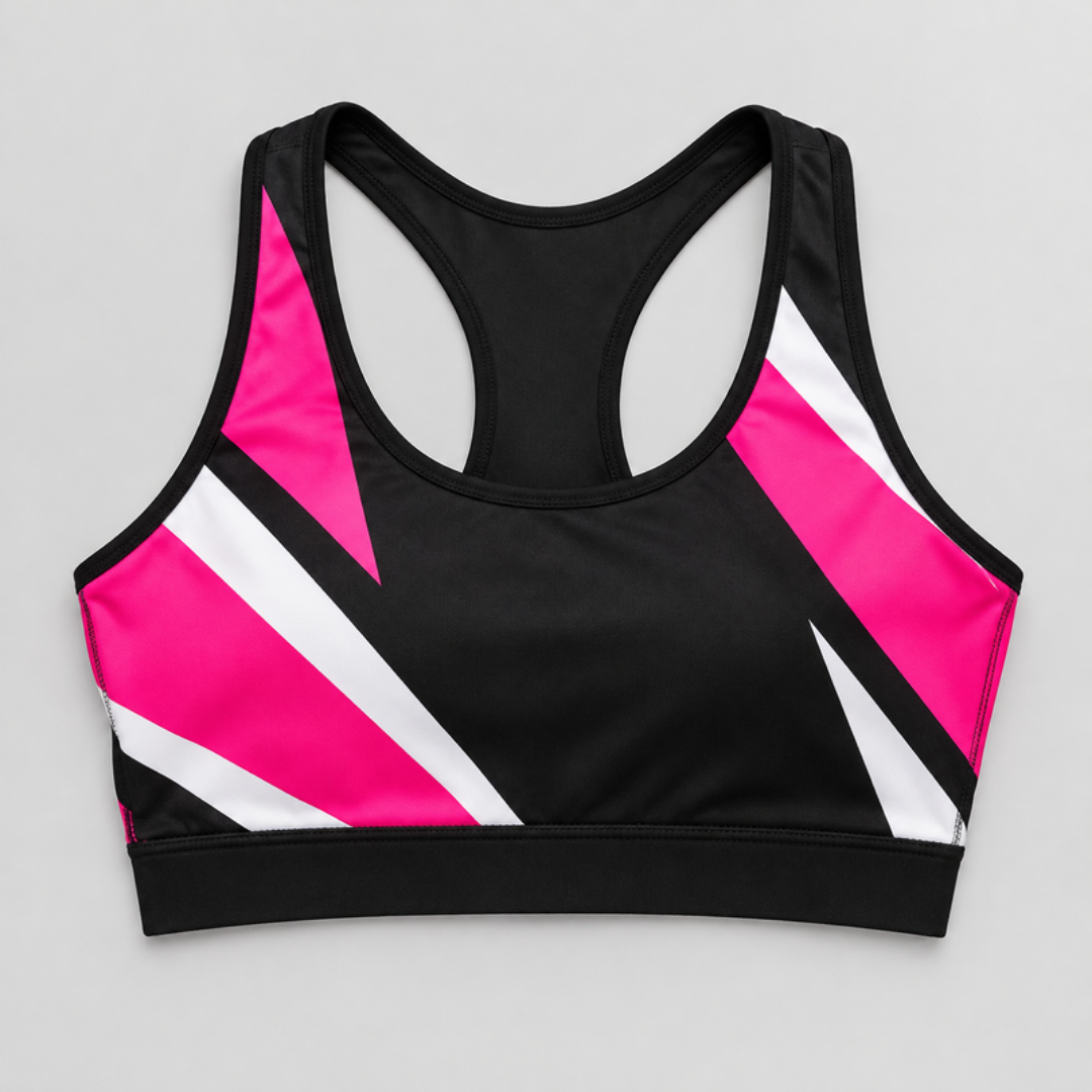 Custom sublimated cheer practice sports bra - black, pink and white