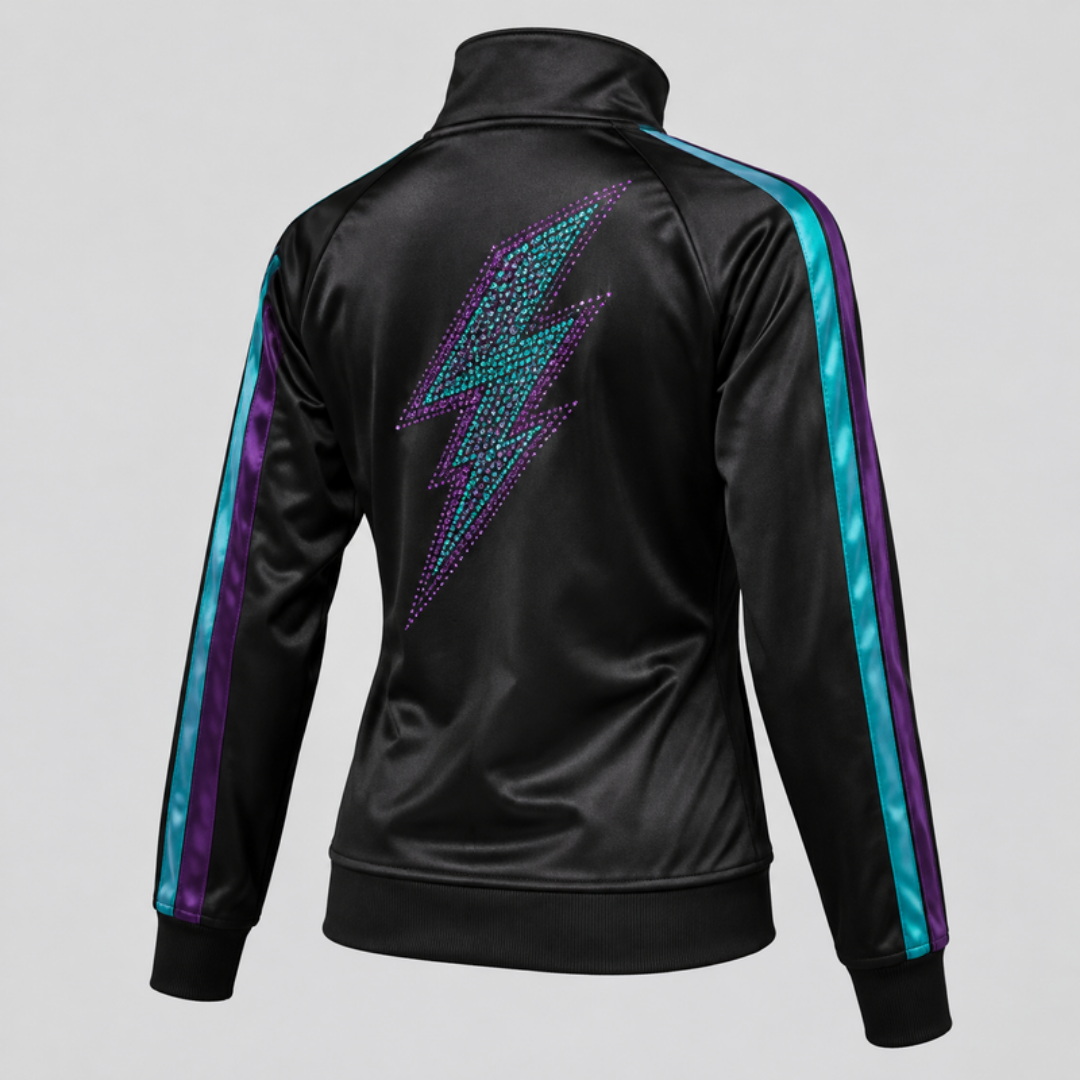 Venom warm-up jacket with rhinestone lightning bolt