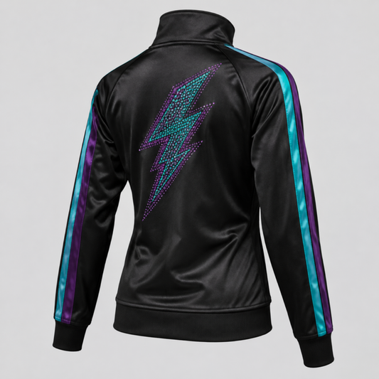 Venom warm-up jacket with rhinestone lightning bolt